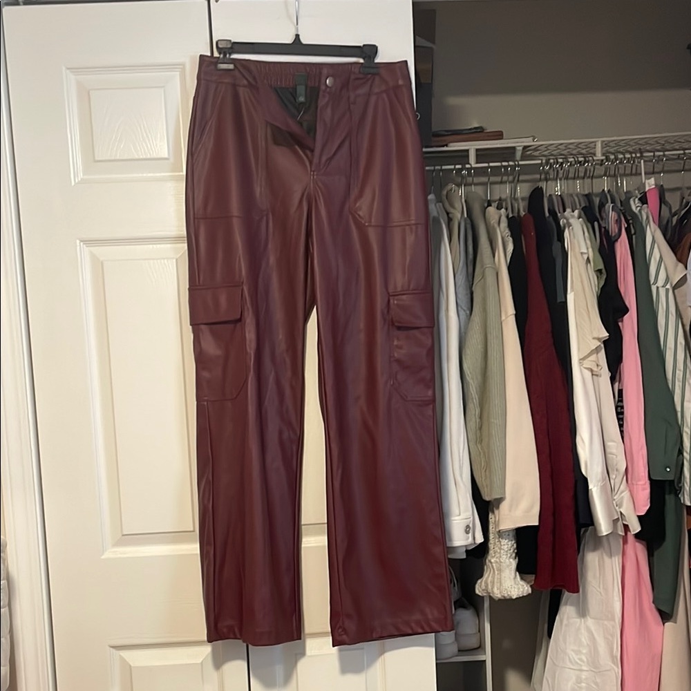 Burgundy Faux Leather Cargo Pants